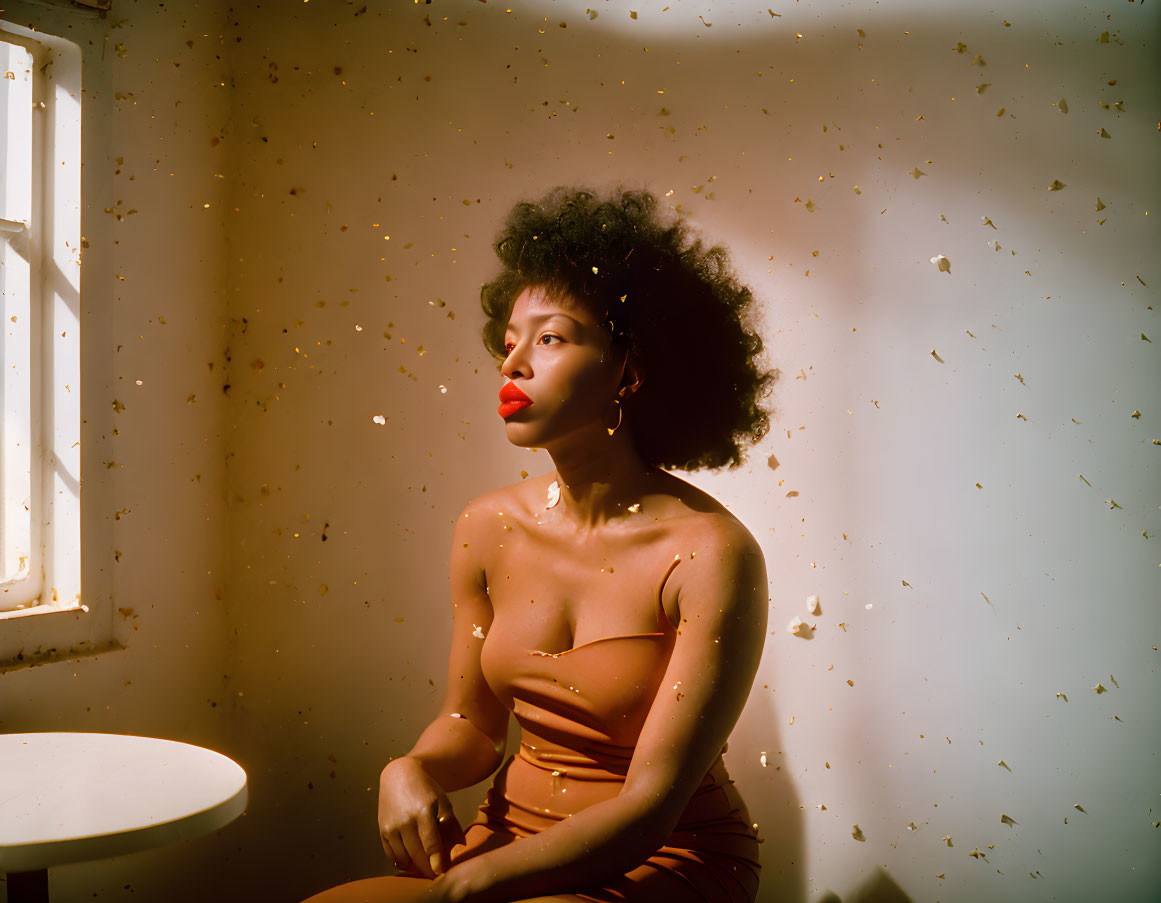 Woman with afro sitting by window in warm sunlight with fluttering leaves