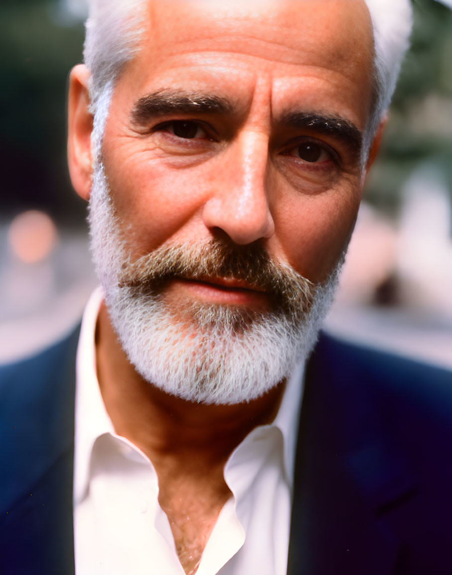 Elderly man with white beard and dark jacket smiling at camera