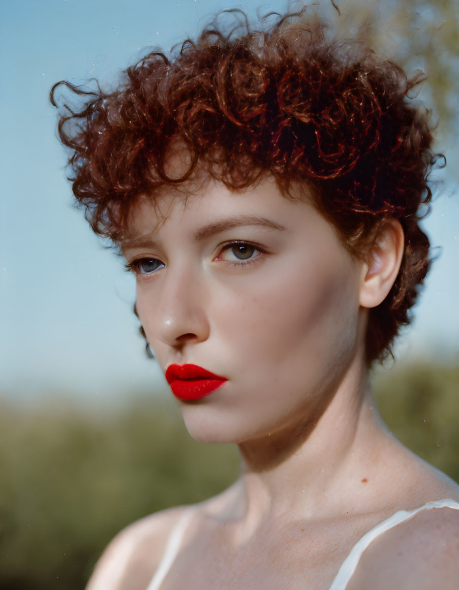 Portrait of a person with curly hair, fair skin, and red lipstick gazes off against blurred natural