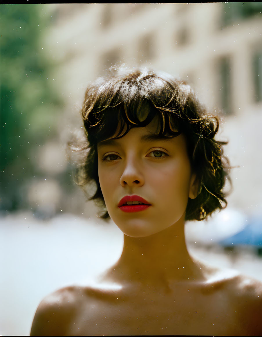 Portrait of woman with short curly hair and red lipstick against urban background