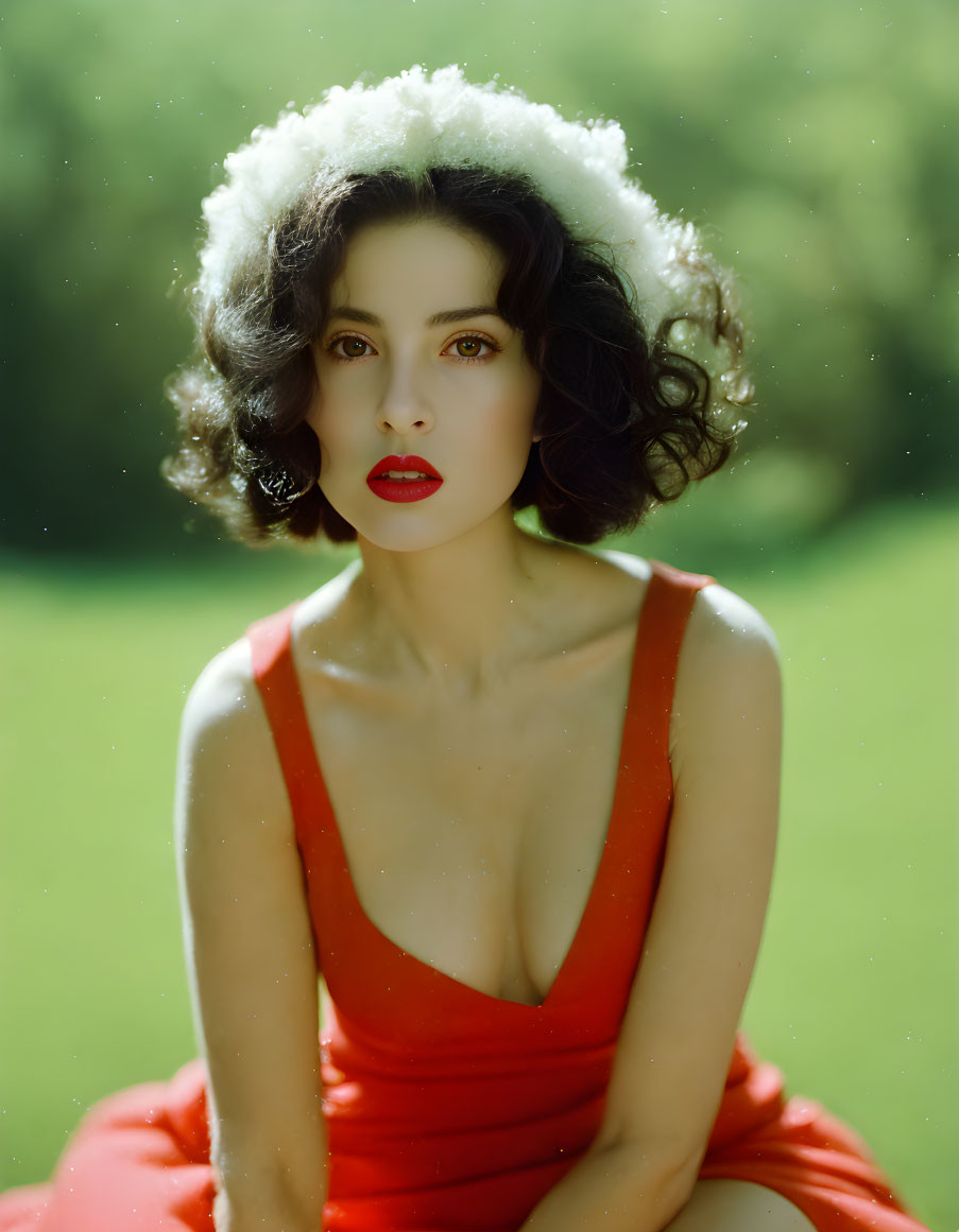 Dark Curly-Haired Woman in Red Dress Outdoors