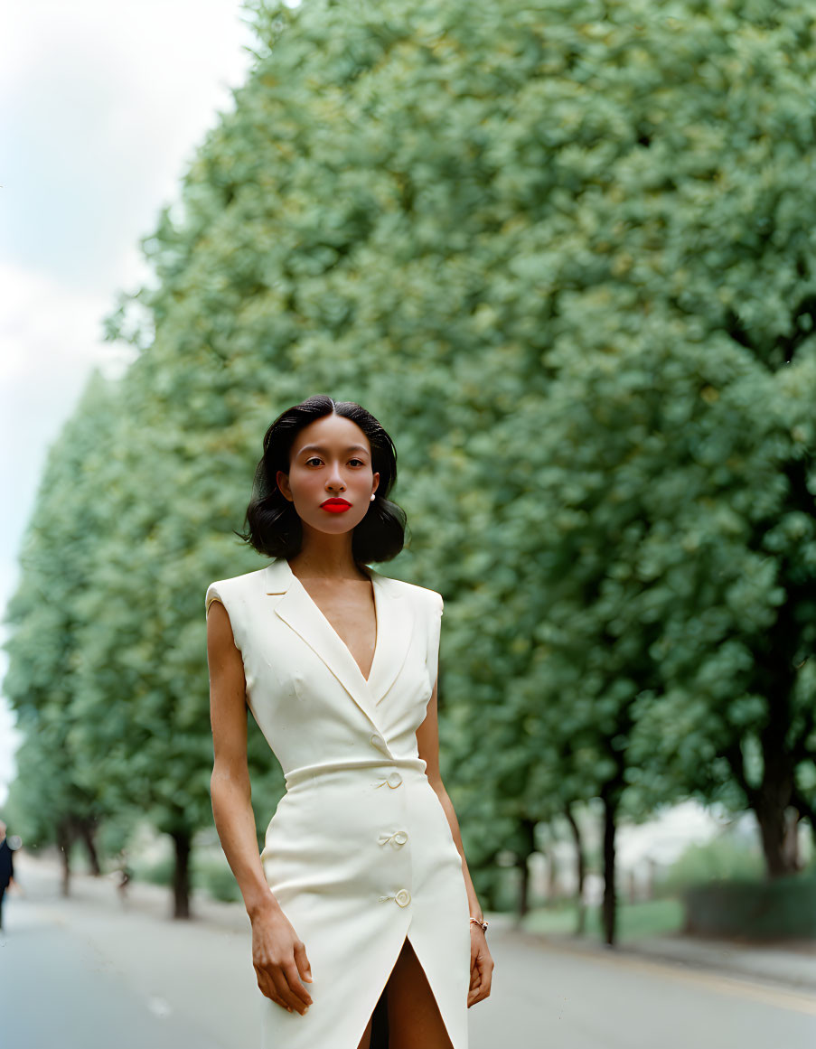 Elegant woman in white dress on tree-lined street