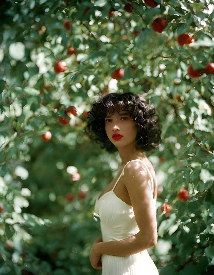 Curly-haired woman in white dress among green foliage and red fruits