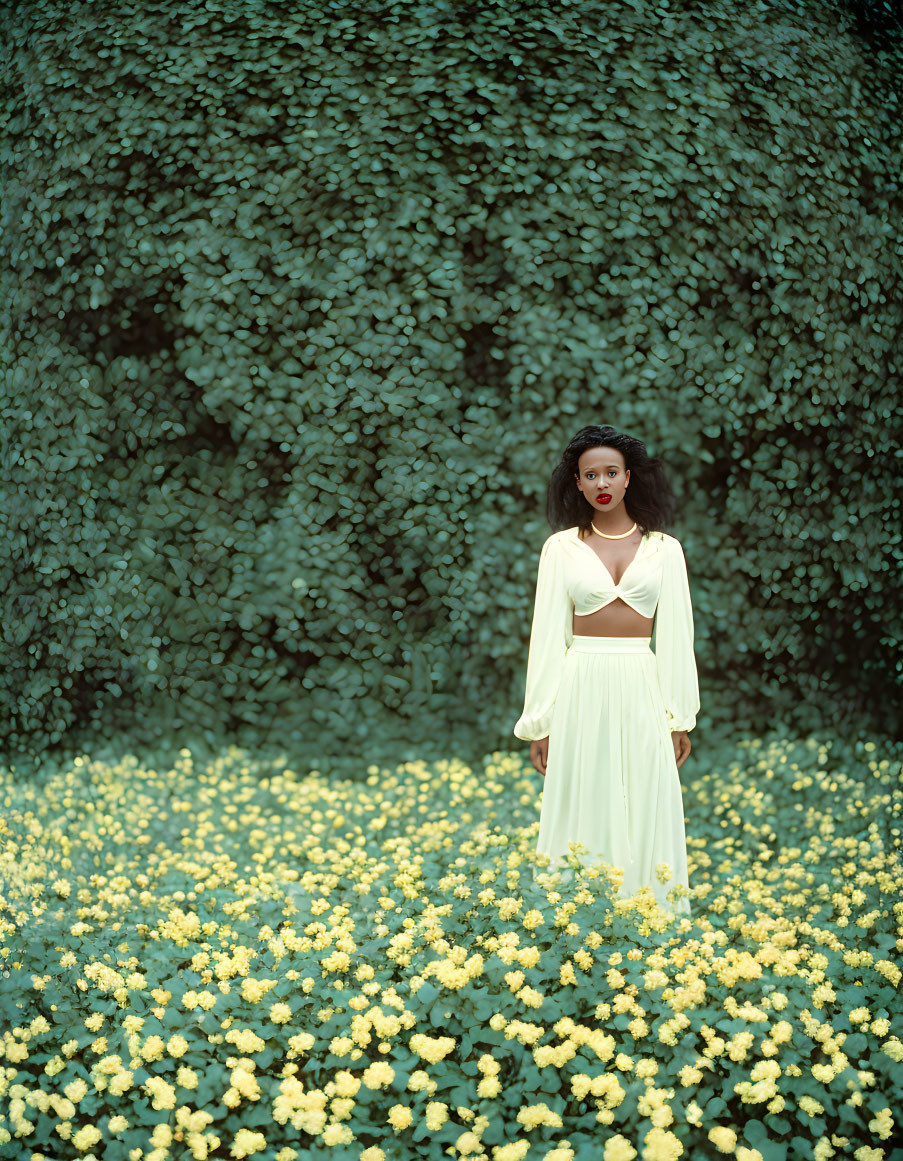 Woman in White Dress Surrounded by Yellow Flowers and Greenery