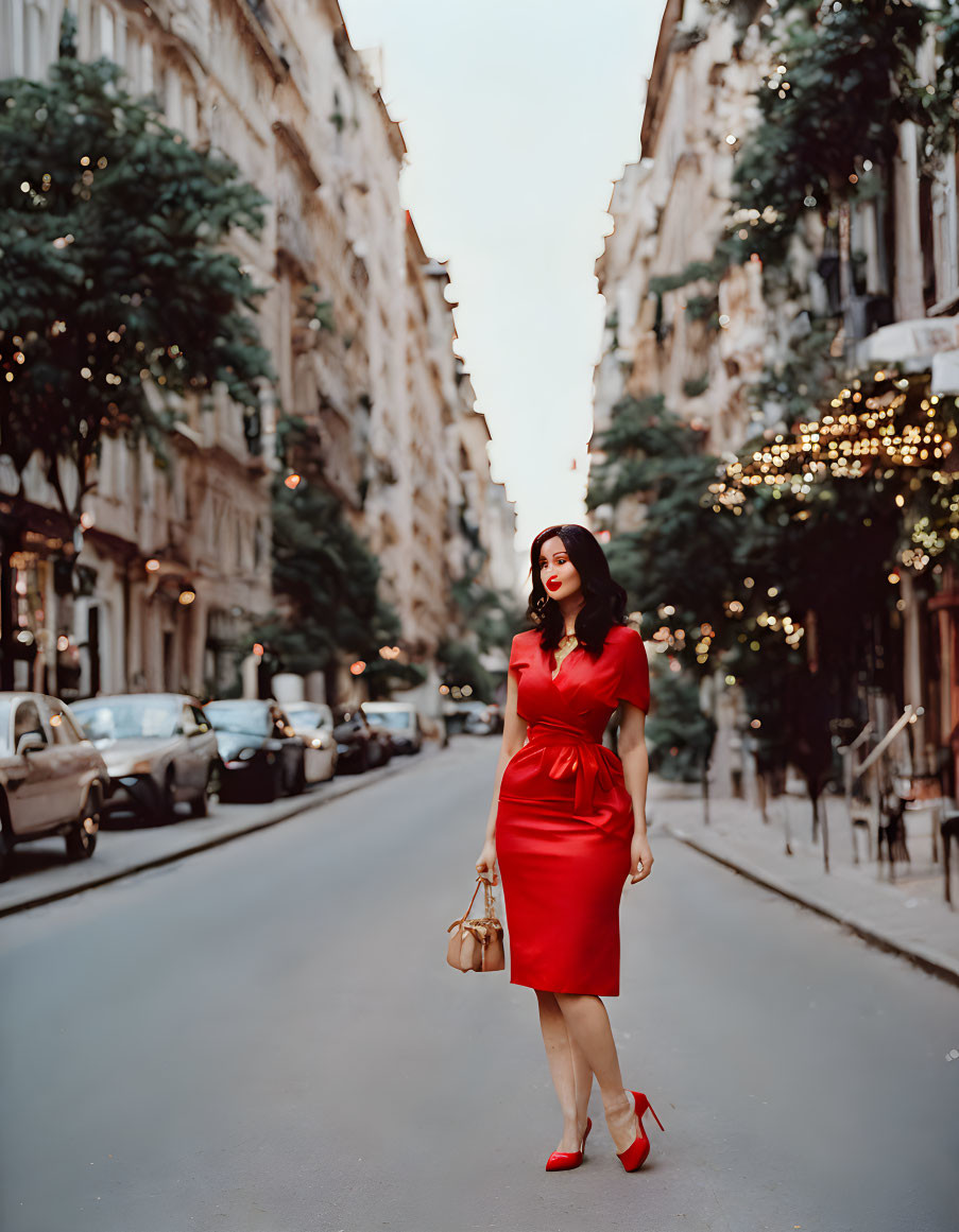 Woman in red dress and heels on city street with buildings and parked cars, holding handbag under lights