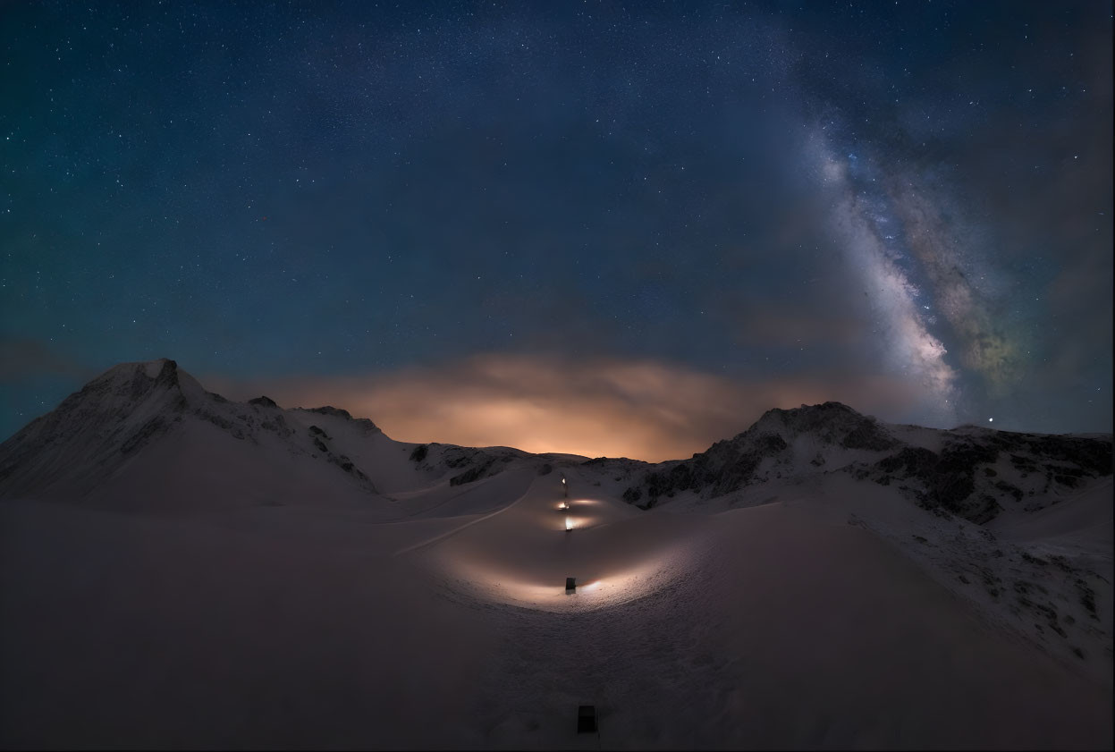 Snowy Mountainous Landscape at Night with Starry Sky and Milky Way