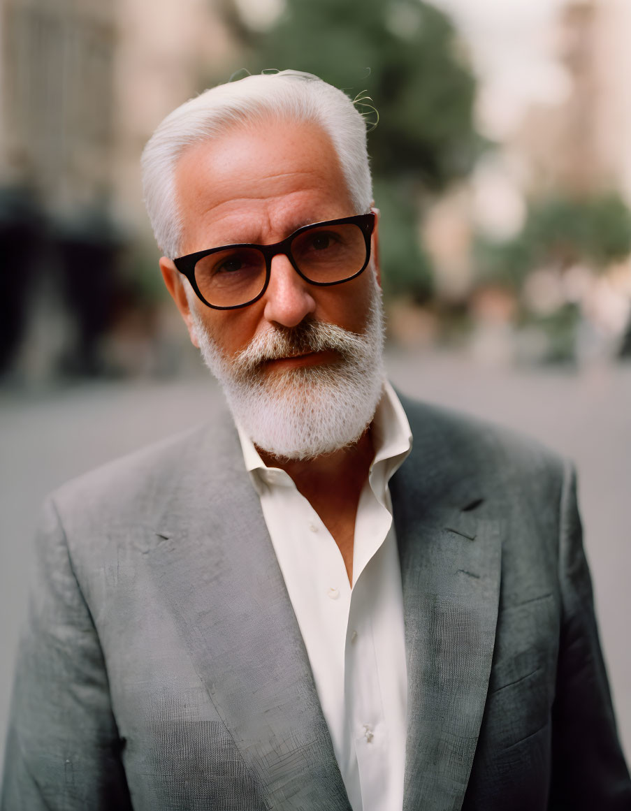 Elderly man with white beard in gray suit and glasses on city street