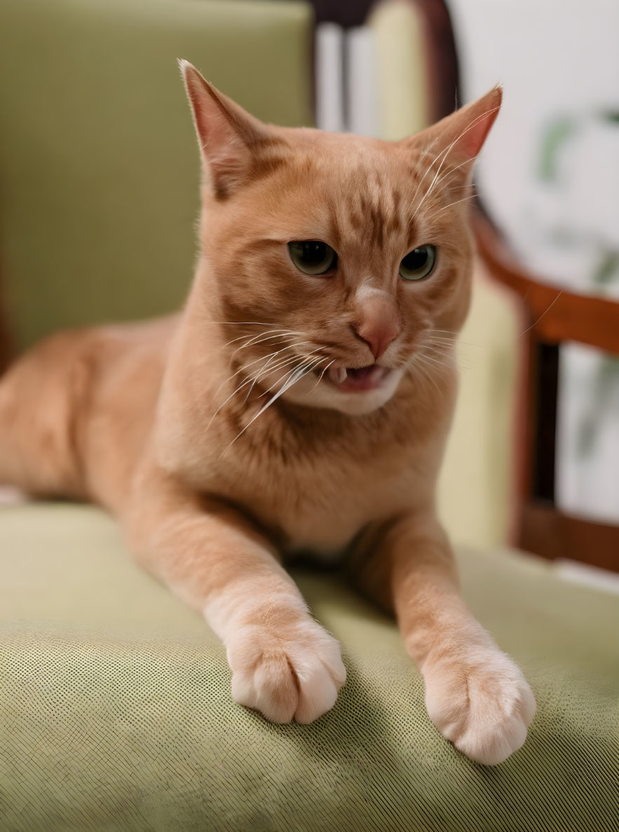 Orange Tabby Cat with White Paws Resting on Green Cushioned Chair