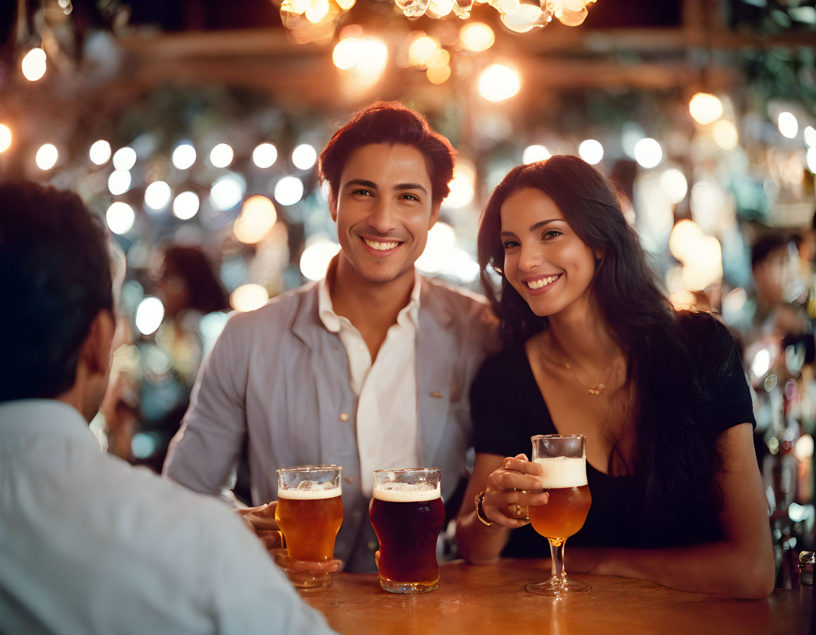 Smiling couple at bar with warm lighting and bokeh background