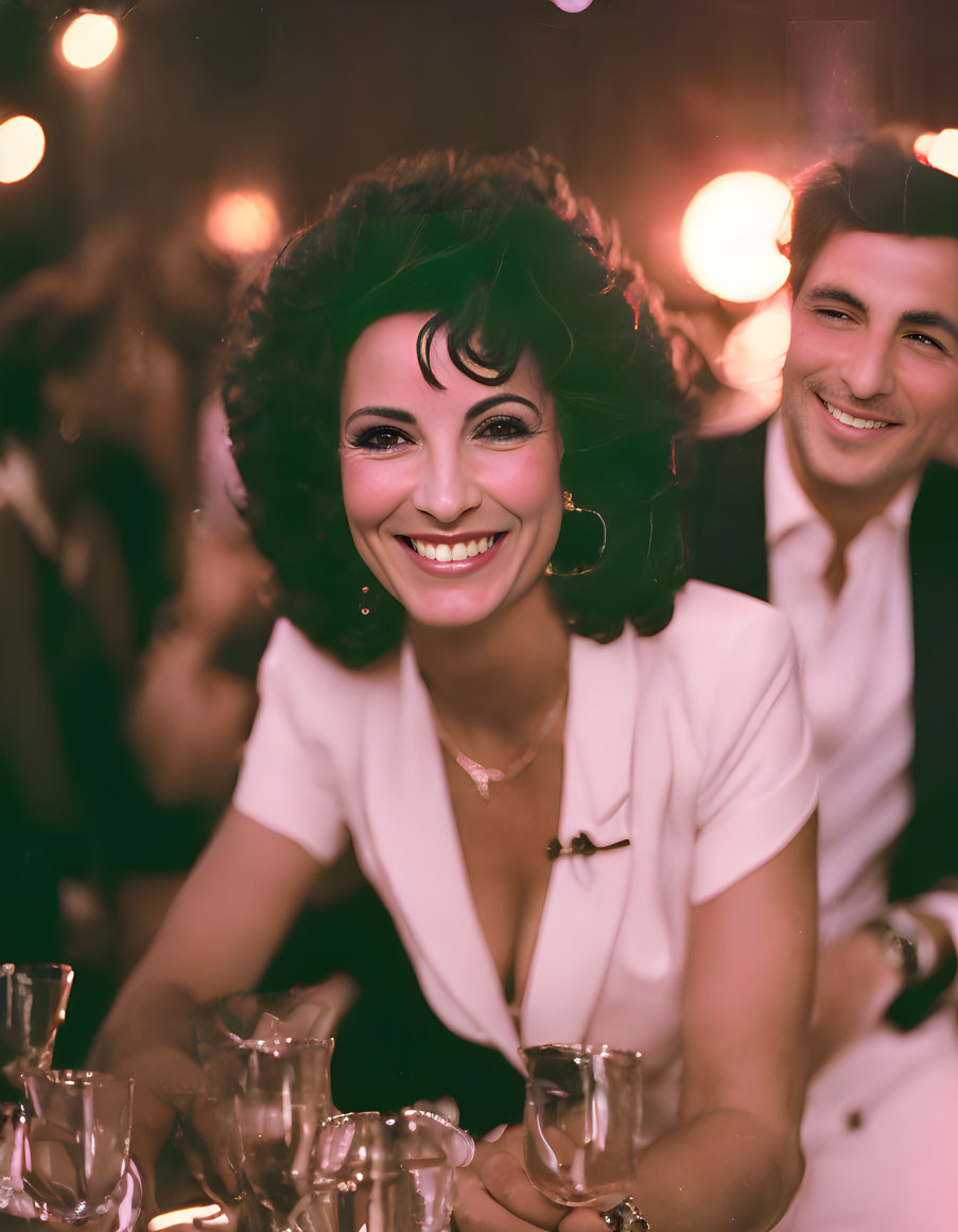 Curly-haired woman in white suit smiles at camera with man in background at festive event with warm lighting