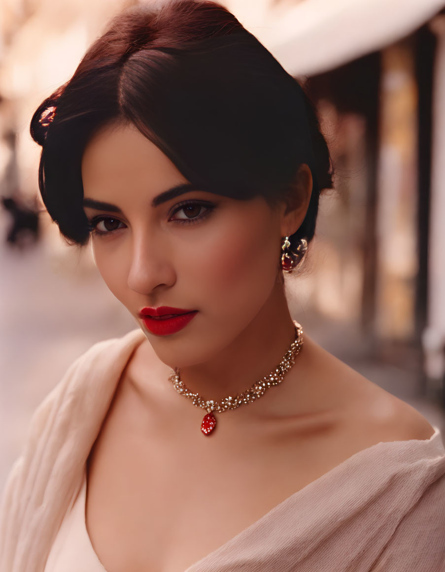 Elegant woman with red lipstick and styled hair poses with subtle gaze