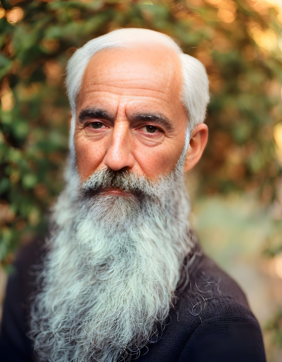 Elderly man with long white beard and intense gaze in dark shirt against green foliage.