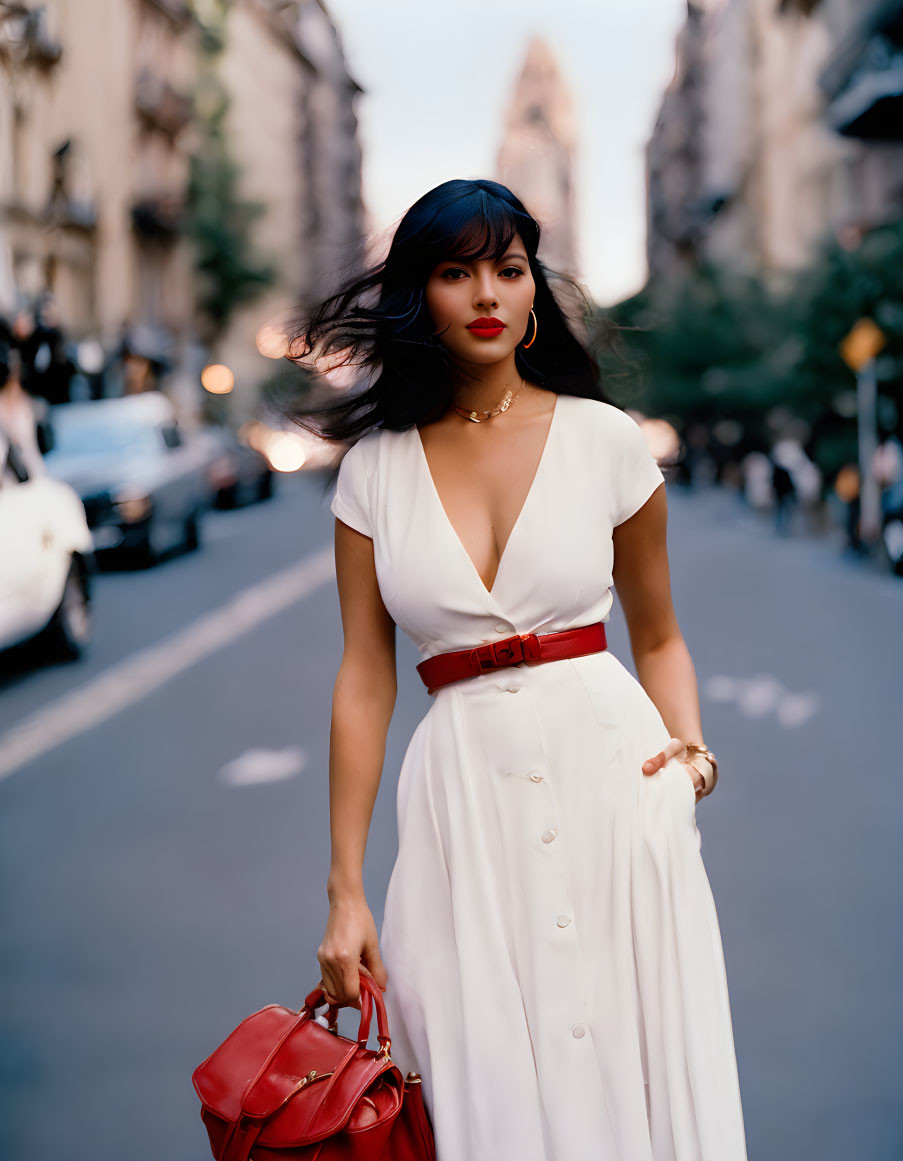 Dark-haired woman in white dress with red belt on city street.