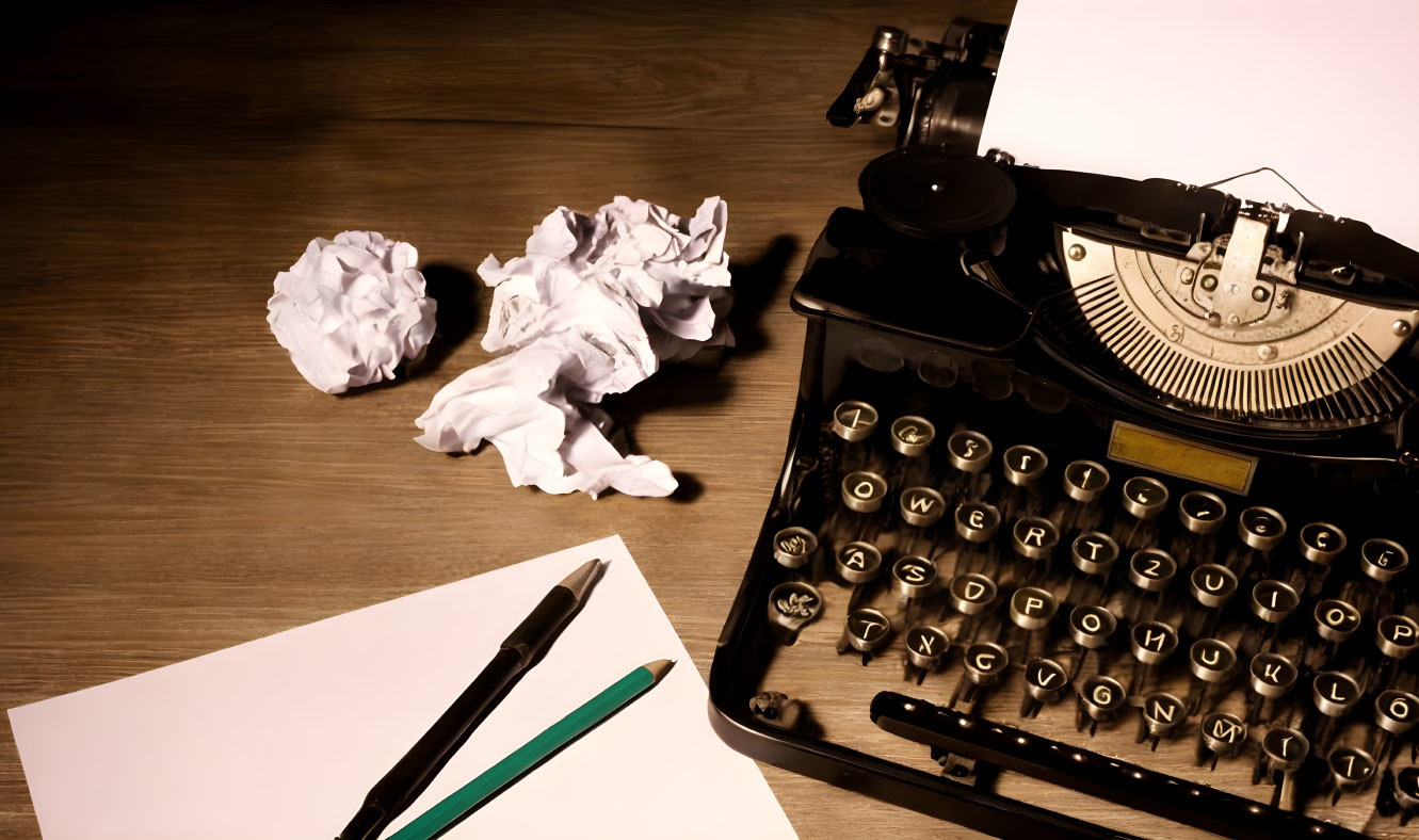 Vintage Typewriter with Paper and Pencils on Wooden Desk