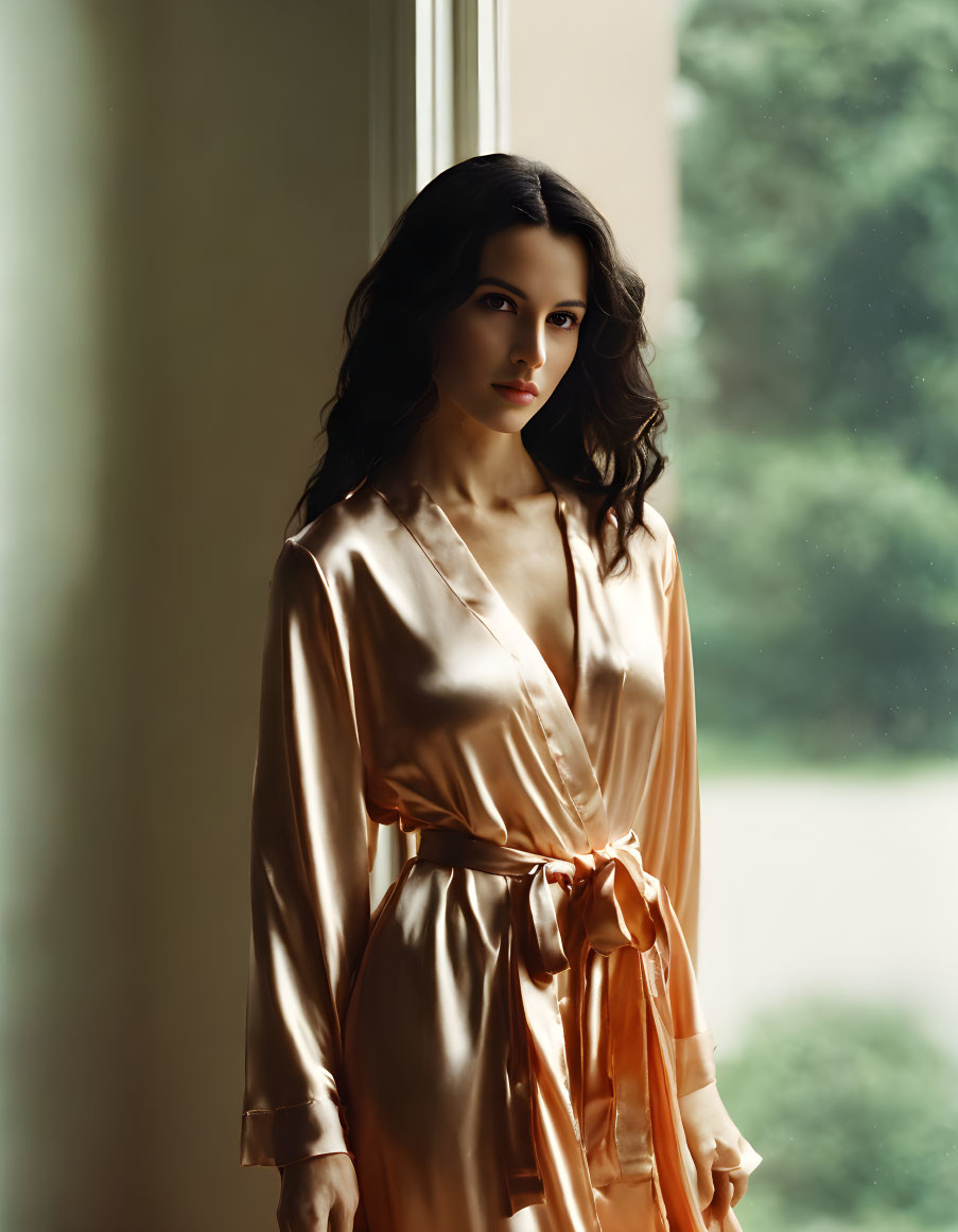 Silky beige robe woman gazes by window in soft light