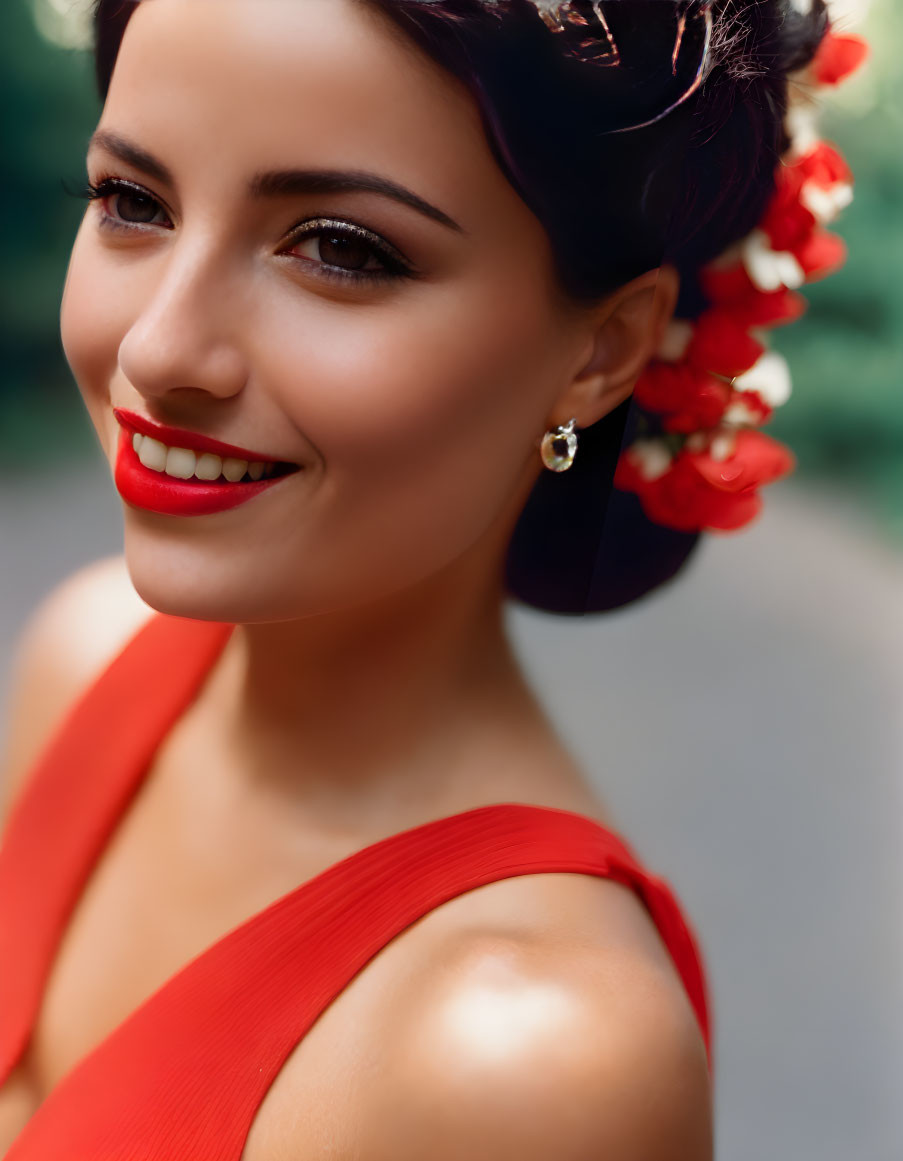 Woman in red dress and lipstick smiling with flower hair accessory and earring.