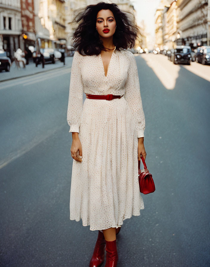 Woman in white polka-dot dress with red accessories walks city street