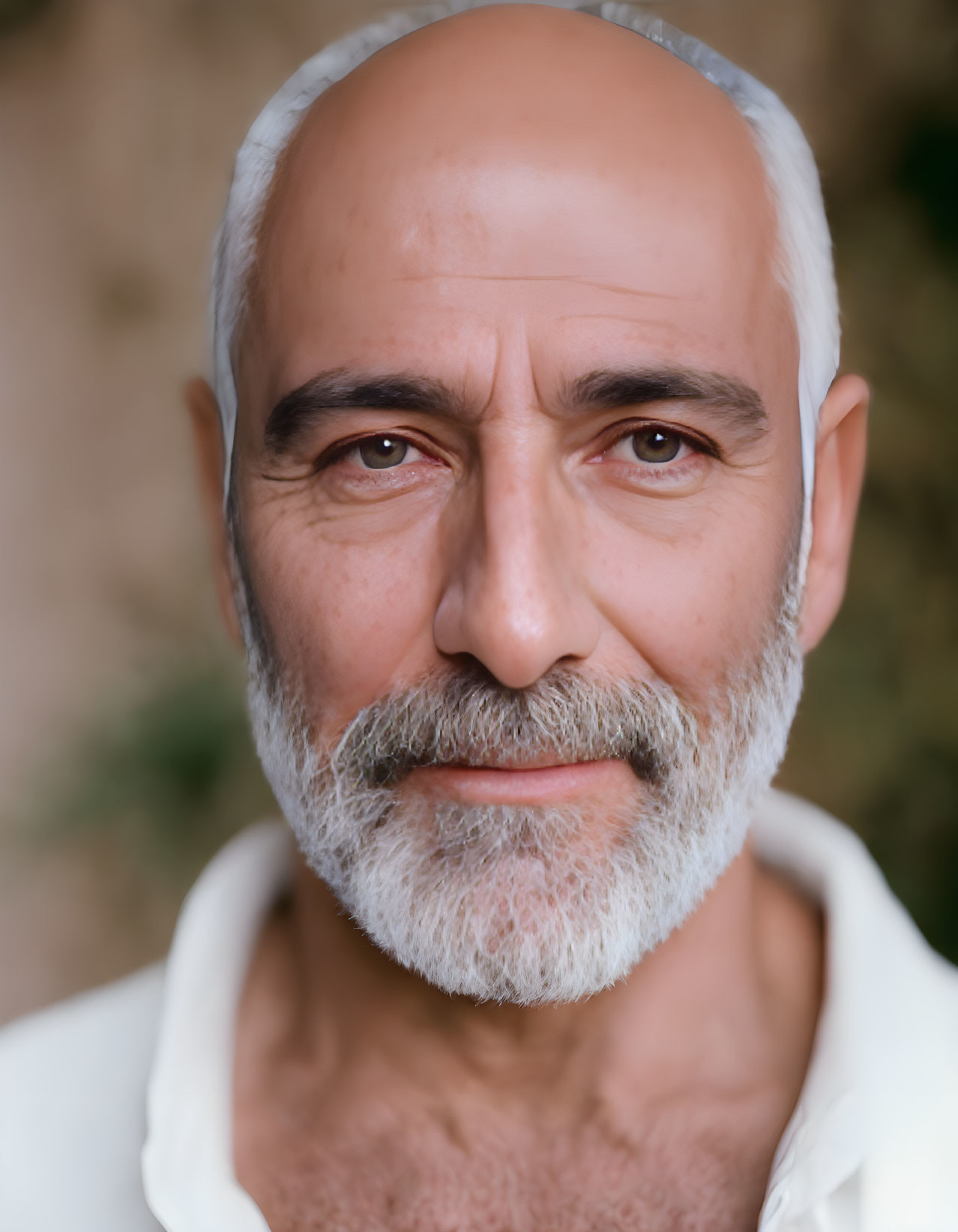 Senior man portrait with beard, white hair, and mustache in white shirt