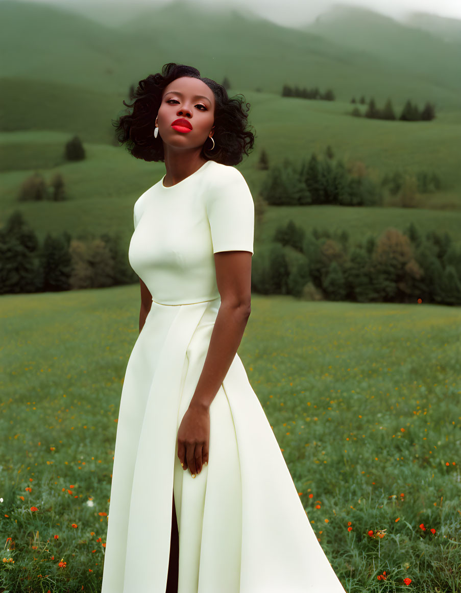 Woman in white dress in green meadow with red flowers and rolling hills