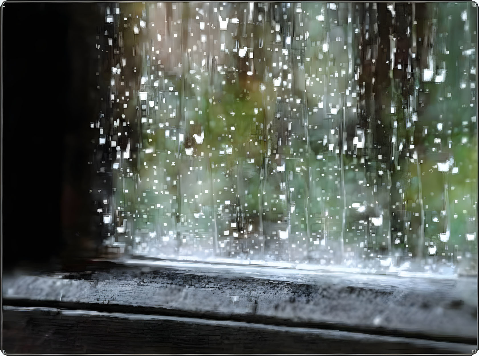 Raindrops on window with blurred greenery view