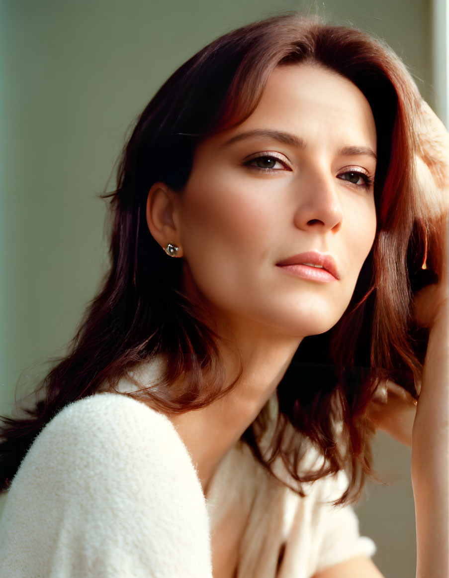 Brunette woman with shoulder-length hair in light sweater and stud earring