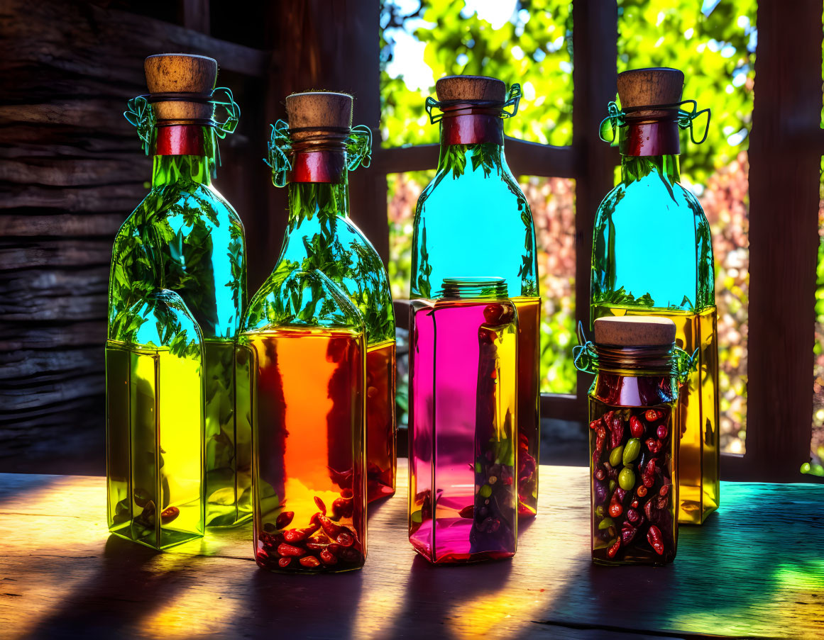 Vibrant glass bottles with ingredients on wooden surface.