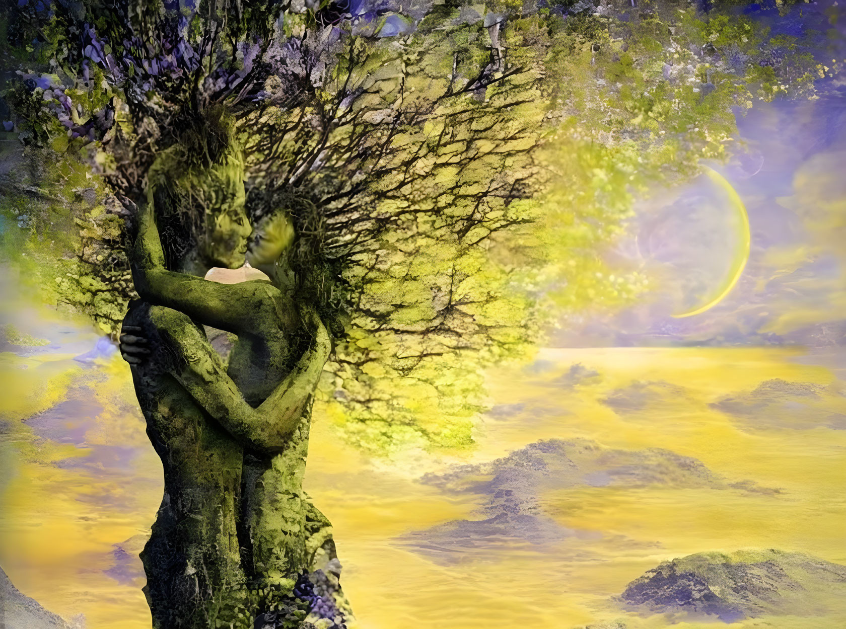 Surreal artwork: Tree-like figures embrace under yellow sky