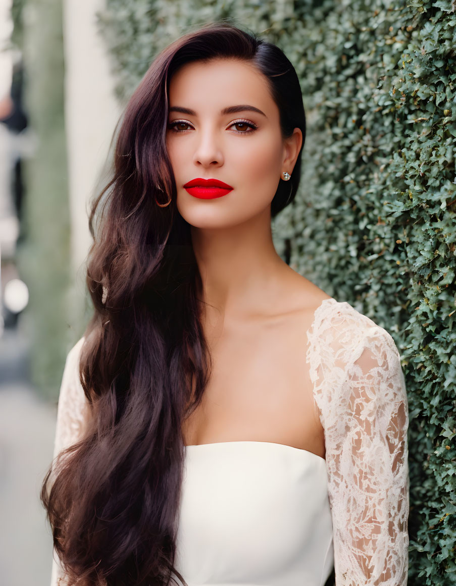 Dark-haired woman in white top with lace sleeves against green hedge