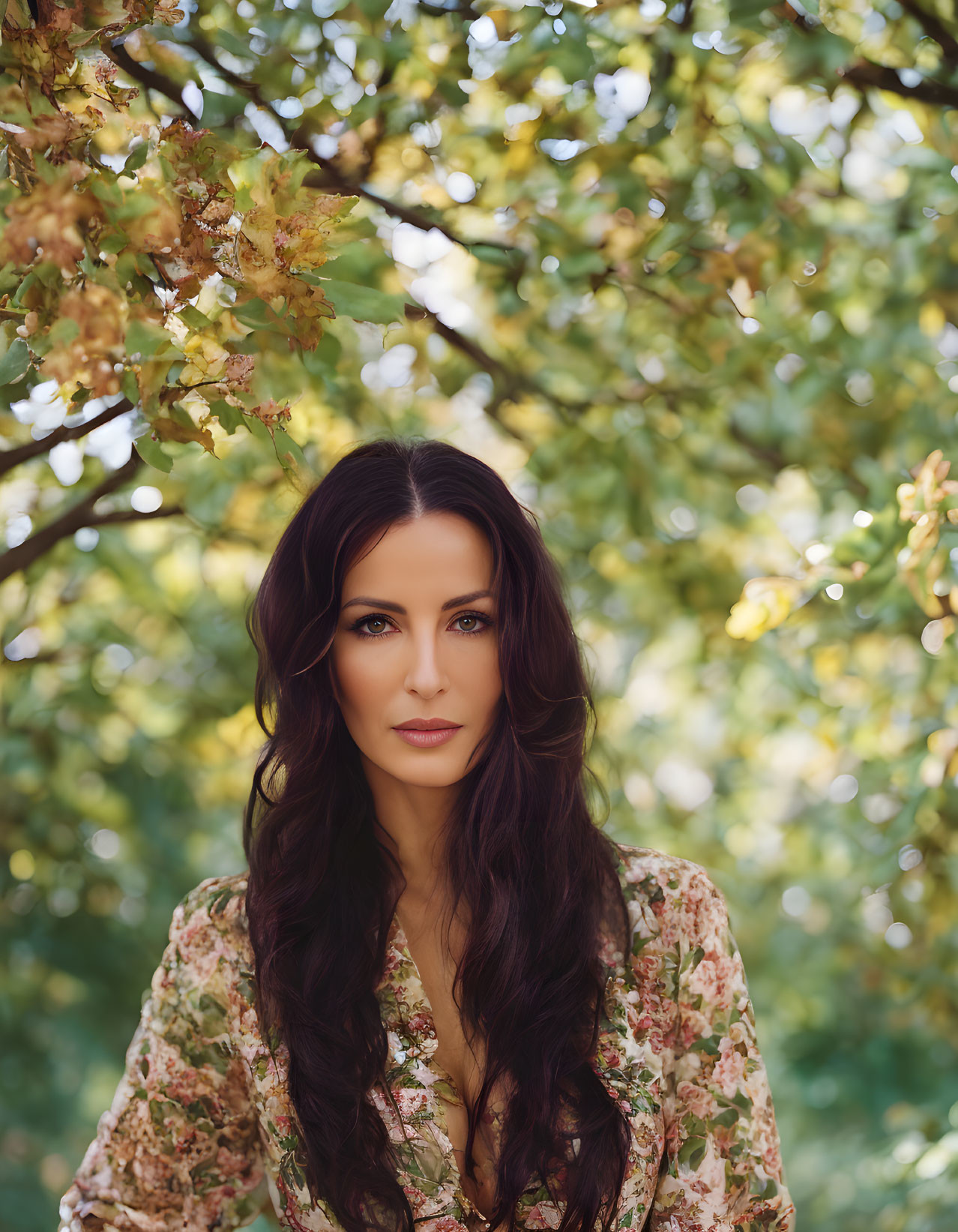 Woman in Floral Dress Surrounded by Greenery and Sunlight