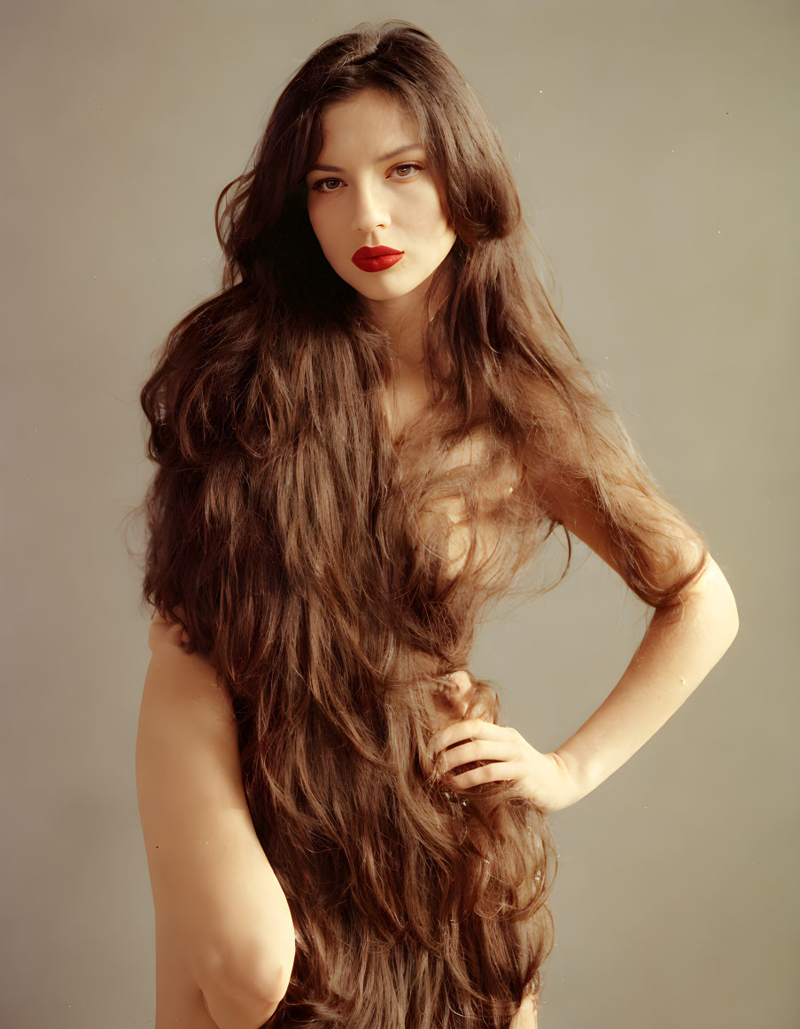 Long-haired woman with red lipstick posing against neutral background