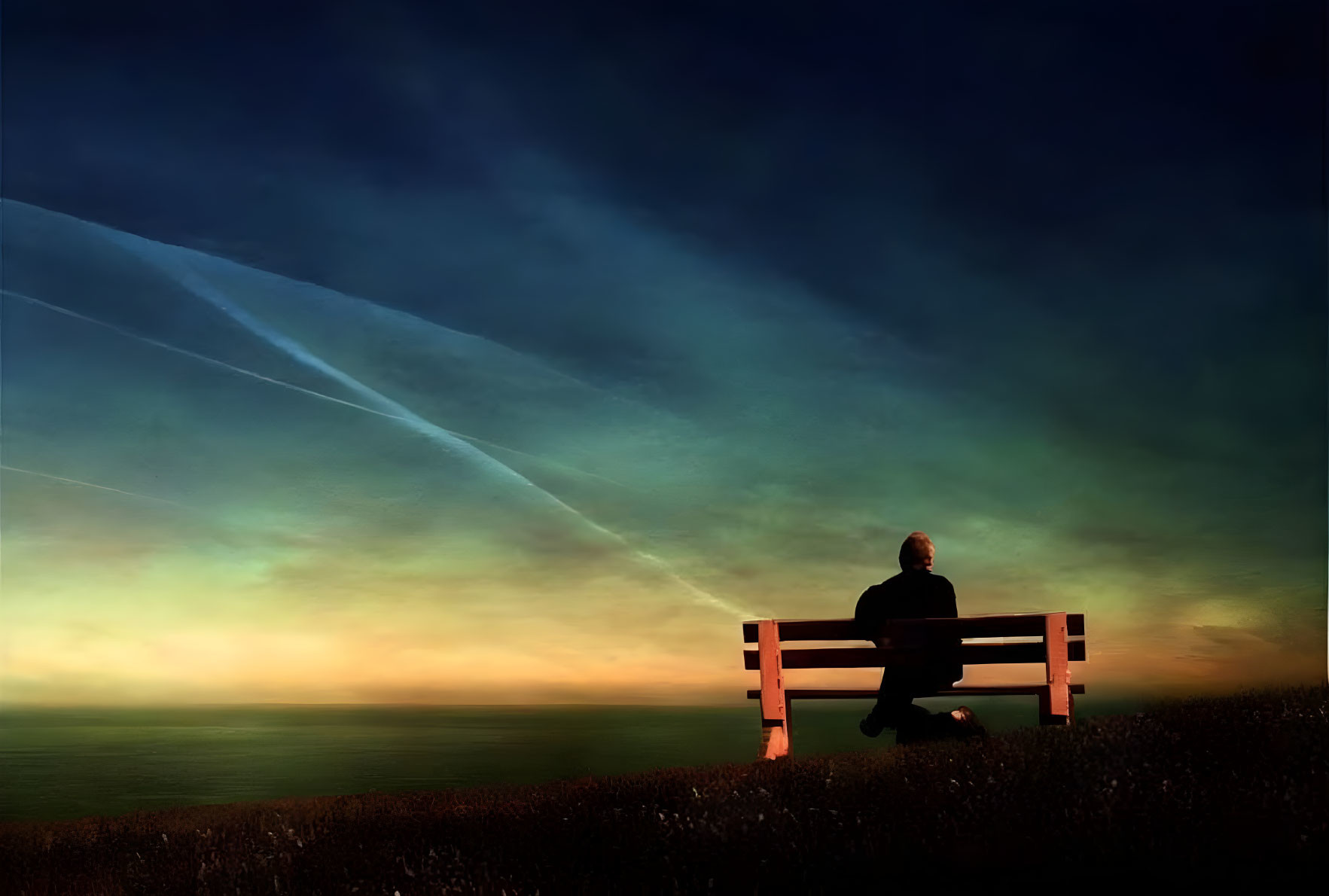 Solitary Figure on Bench by the Sea at Dusk