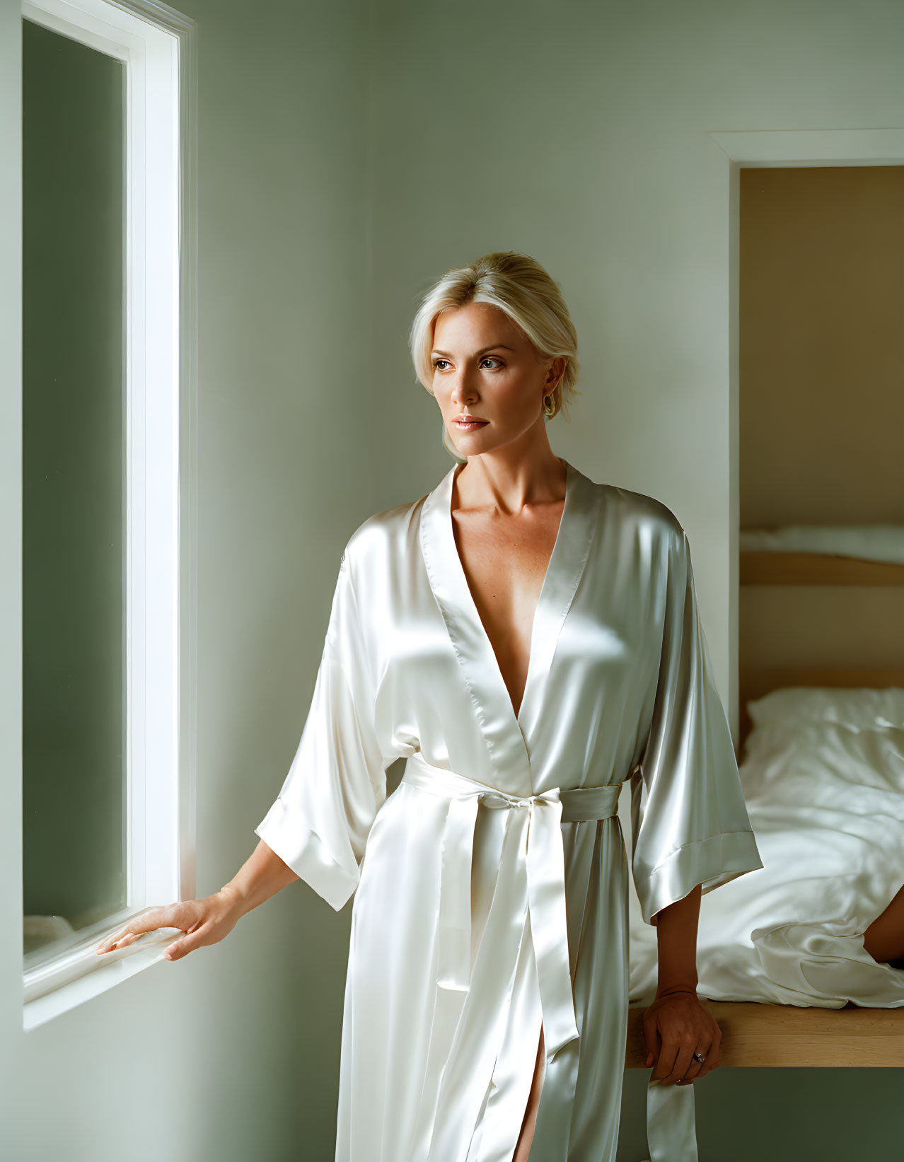 Woman in white robe gazes out window in warm sunlight