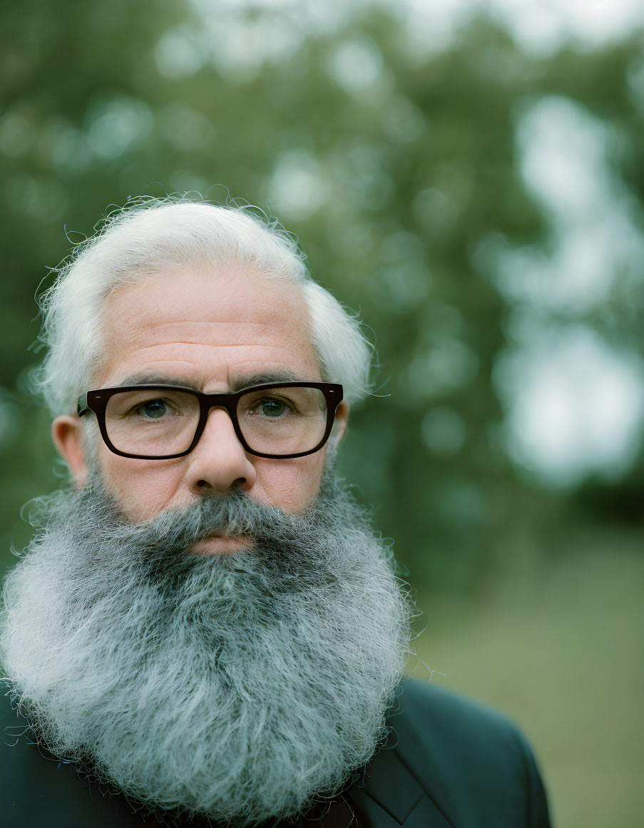 Serious man with white beard and glasses outdoors