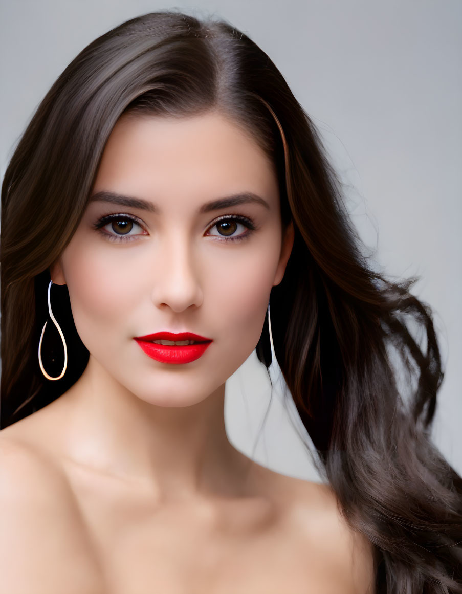 Portrait of woman with brown hair, striking eyes, red lipstick, teardrop earrings, grey backdrop