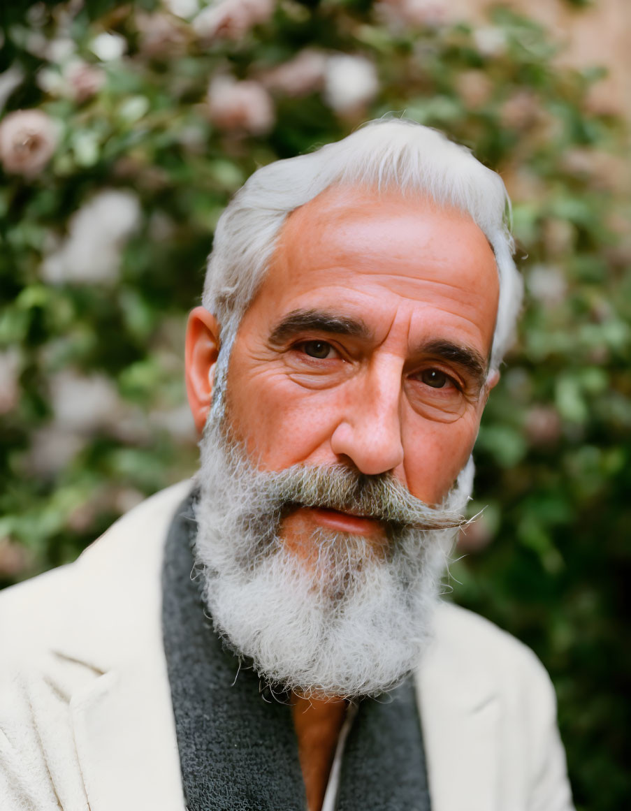 Elderly man with white beard in cream jacket against green foliage