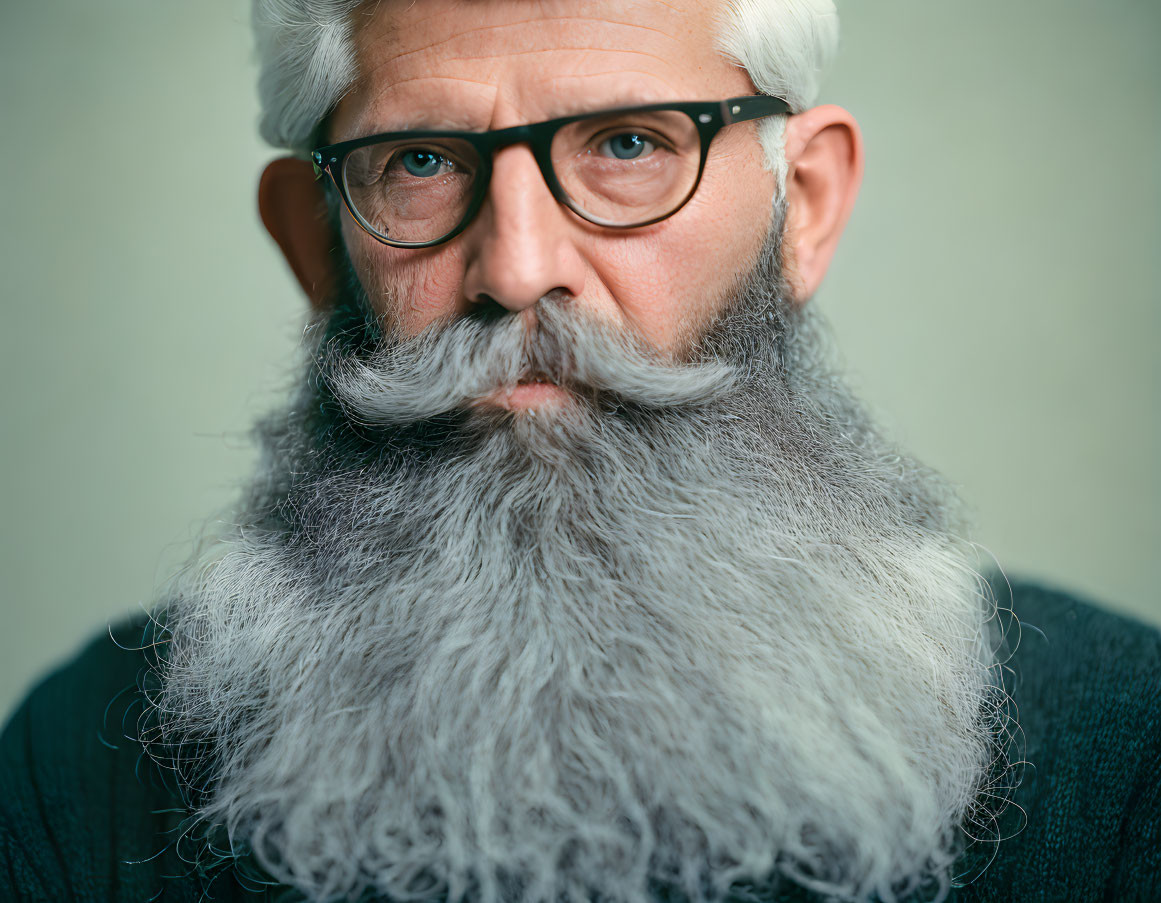 Elder man with gray beard and glasses in green sweater gazes at camera