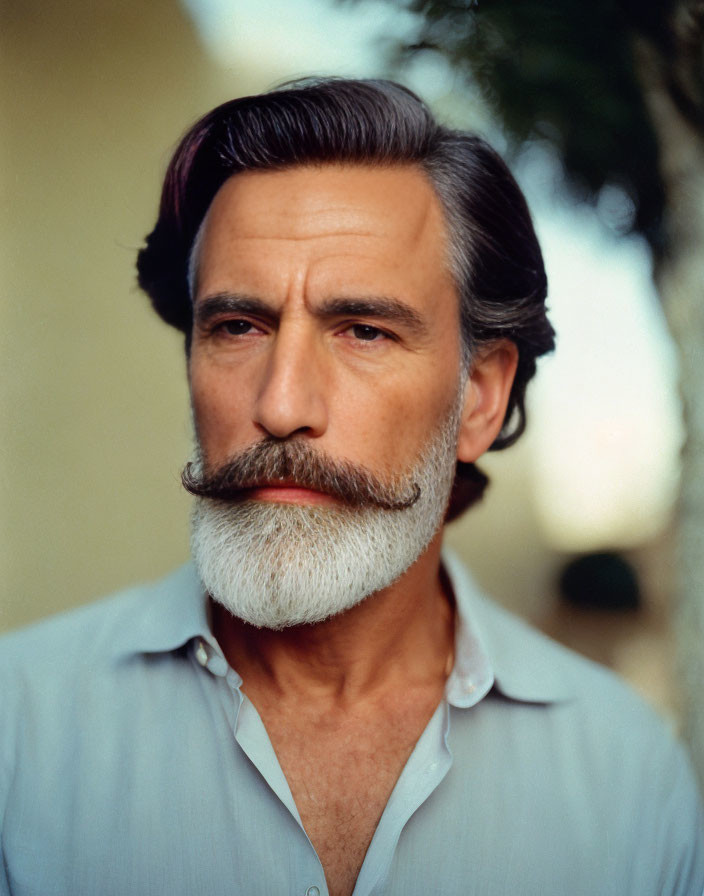 Elderly man with salt-and-pepper mustache and white beard in blue shirt