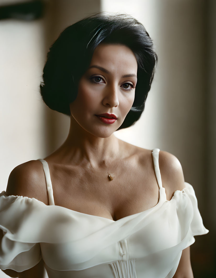 Dark-haired woman in bob haircut and white off-shoulder dress with pendant gazes at camera