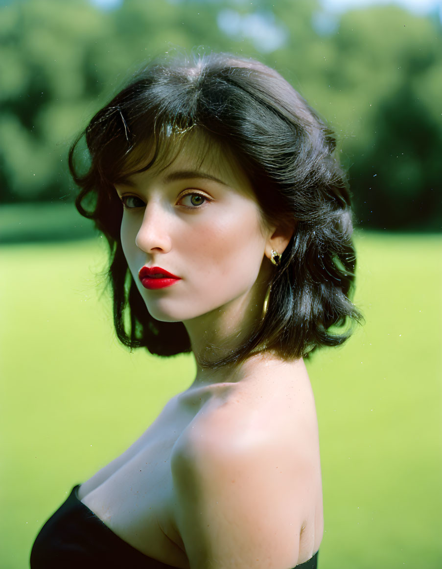 Dark-haired woman with red lipstick against green background