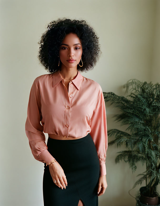 Curly-haired woman in pink blouse and black skirt by plant with neutral expression