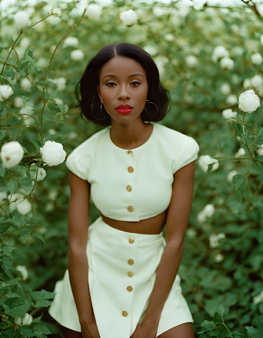 Woman in Yellow Crop Top and Skirt Surrounded by White Roses