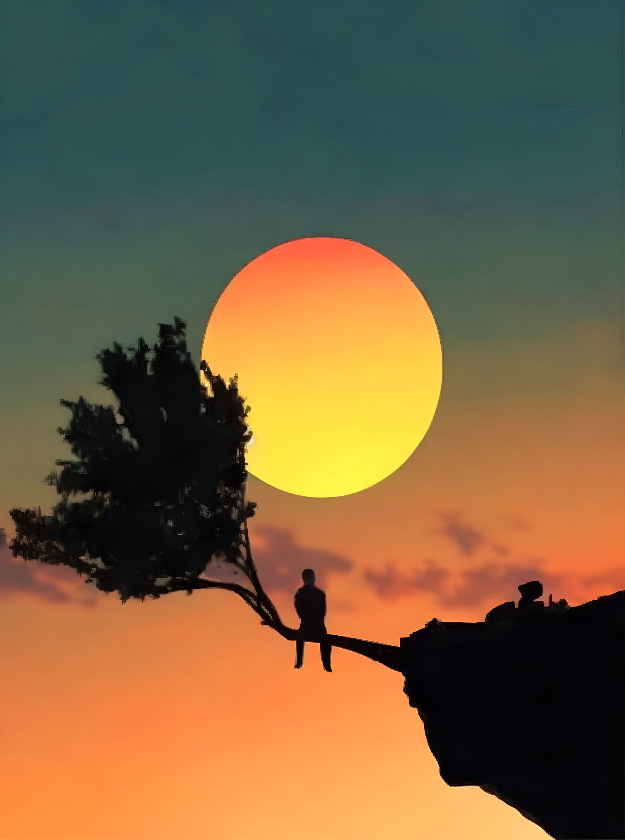 Person silhouetted under tree on cliff with vivid sunset