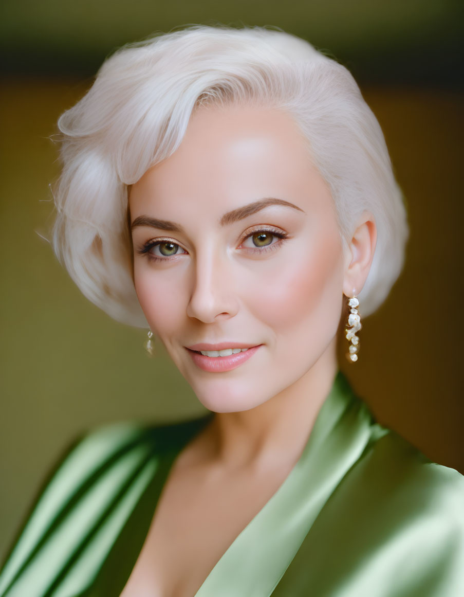 Blonde woman in green satin robe with pearl earrings smiling gently