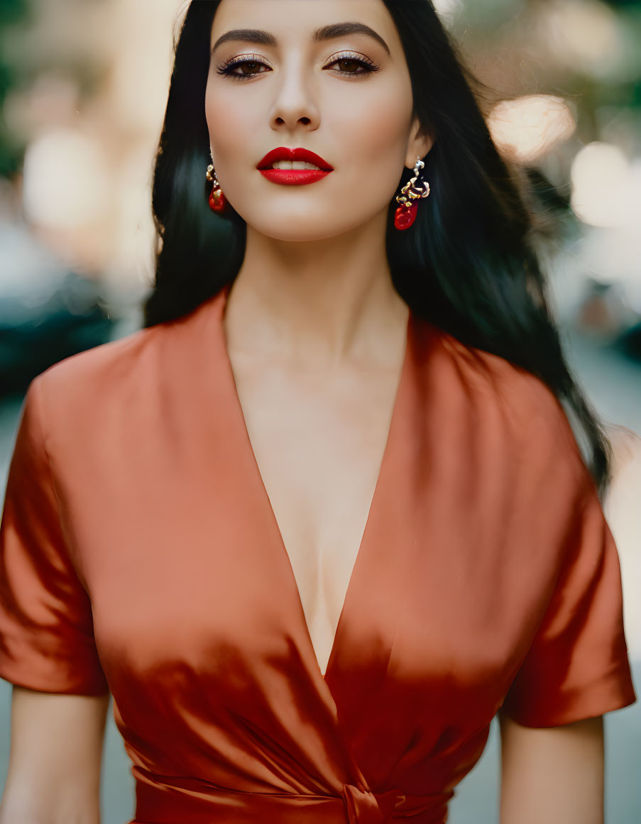 Dark-haired woman in red lipstick, large red earrings, deep V-neck satin dress outdoors