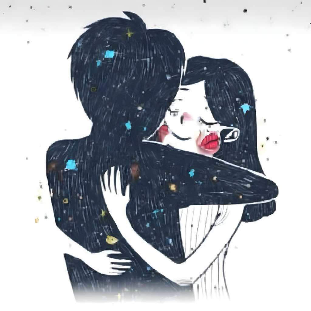 Intimate embrace illustration with stars and light specks