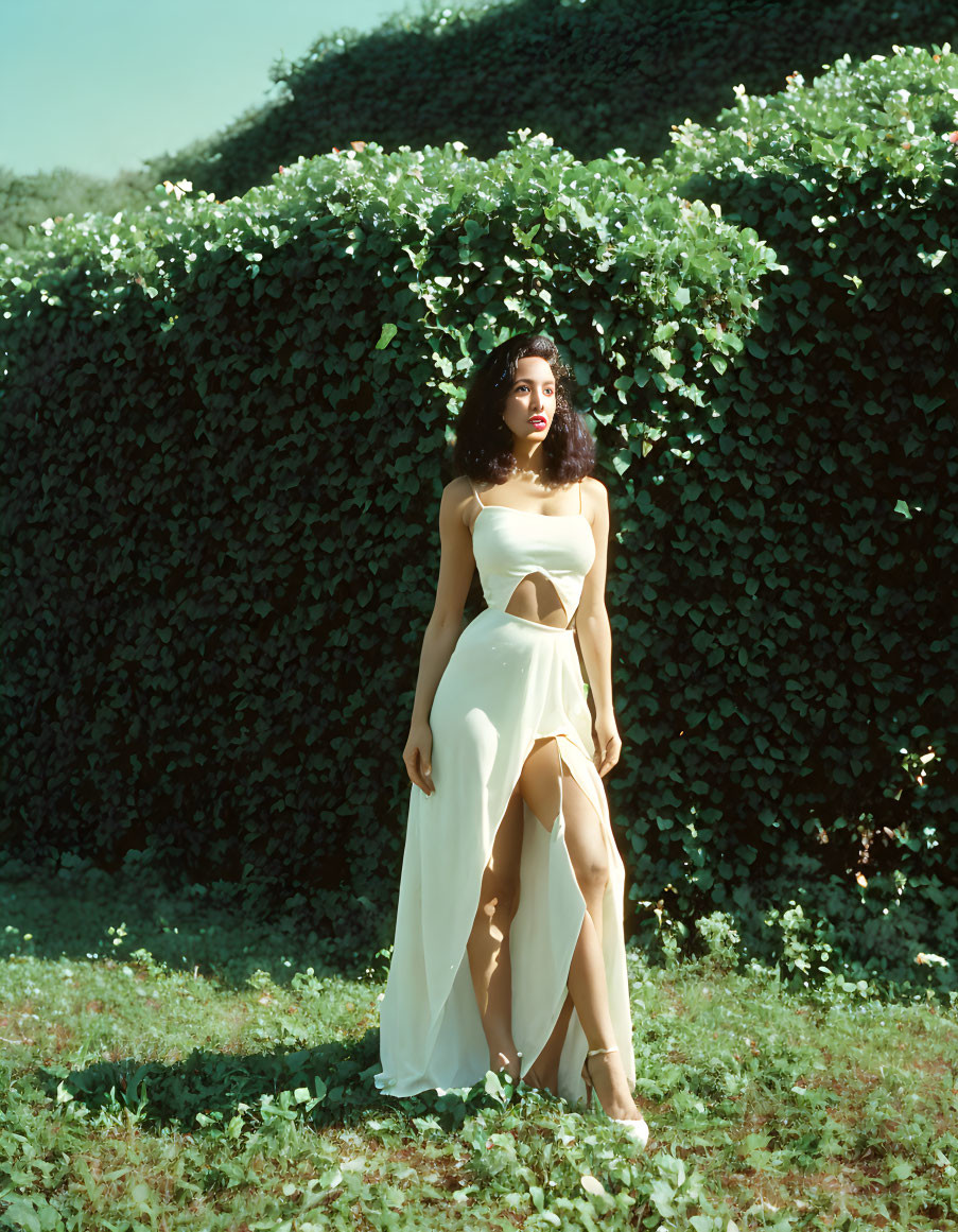 Woman in Cream Dress Standing by Green Hedge in Sunlight