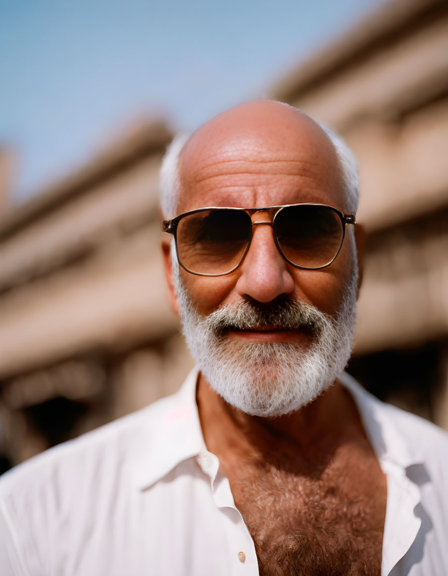 Smiling bald man with white beard in sunglasses and white shirt portrait