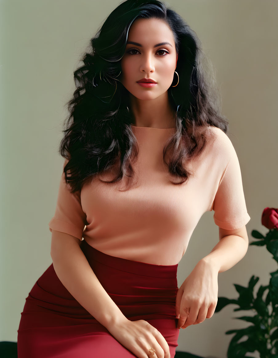 Woman with Long Dark Hair in Peach Top and Maroon Skirt Seated Against Neutral Backdrop