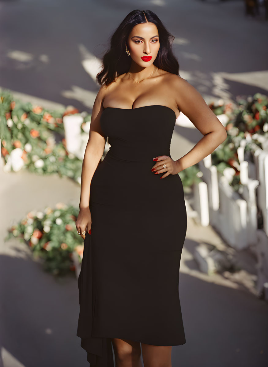 Confident woman in black dress outdoors with sunlight and lush plants