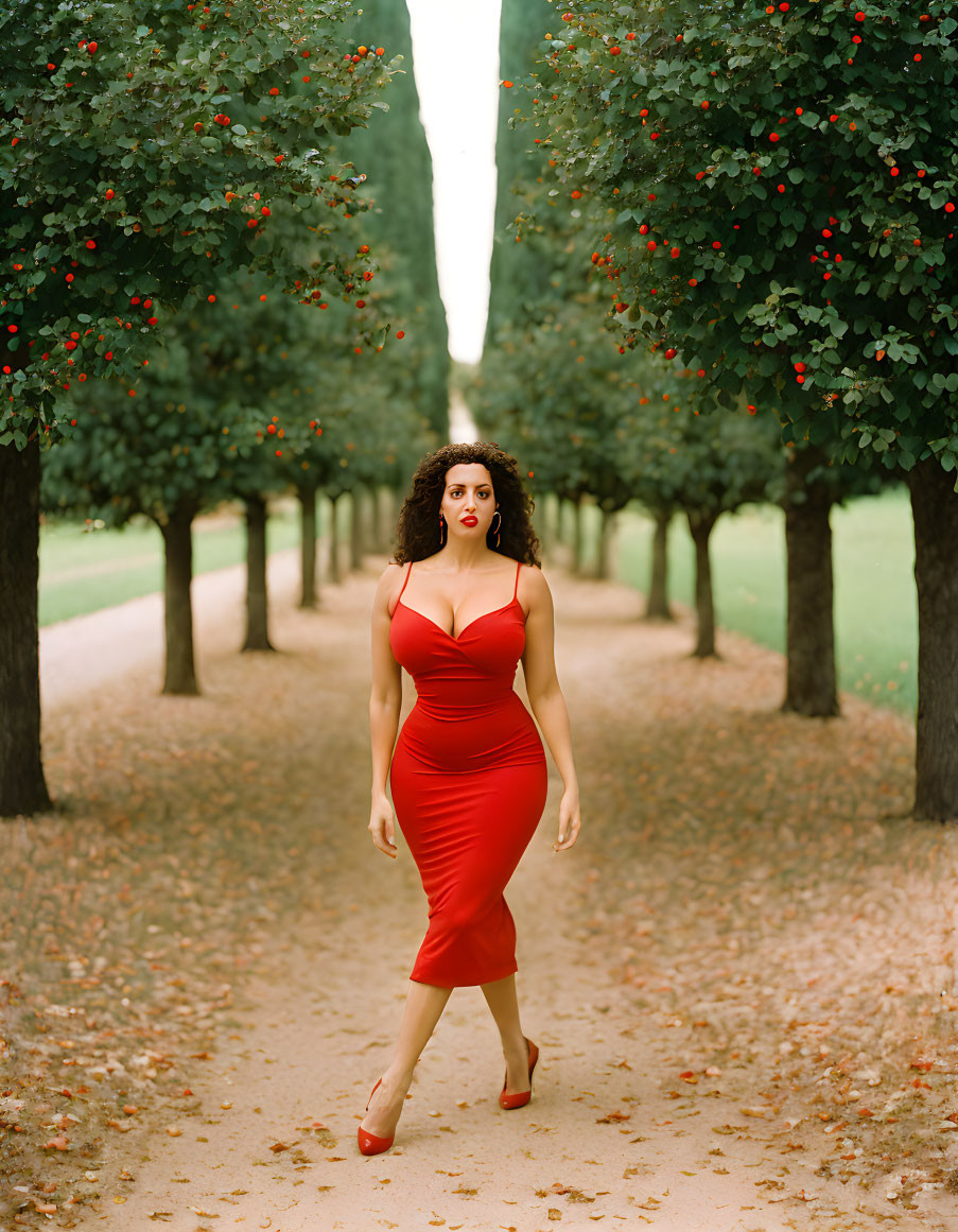 Woman in Red Dress Standing on Tree-Lined Path with Red Fruits